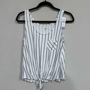 White/Black Stripe Tie Front Pocket Tank.